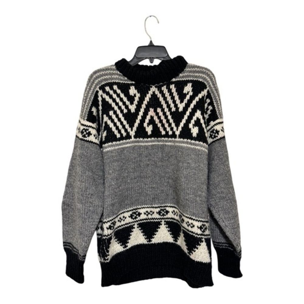 Handmade Womens Heavy Knit Sweater Gray Black Crew Neck Size XL